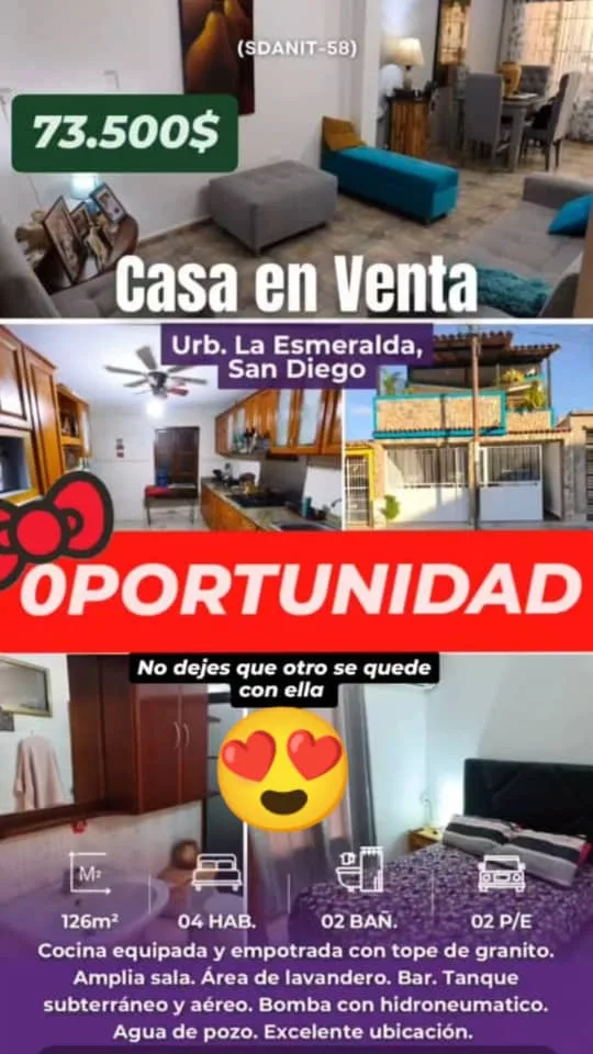 Casa en Venta en Urb. La Esmeralda, San Diego — 4 hab 126m² — USD 73,500