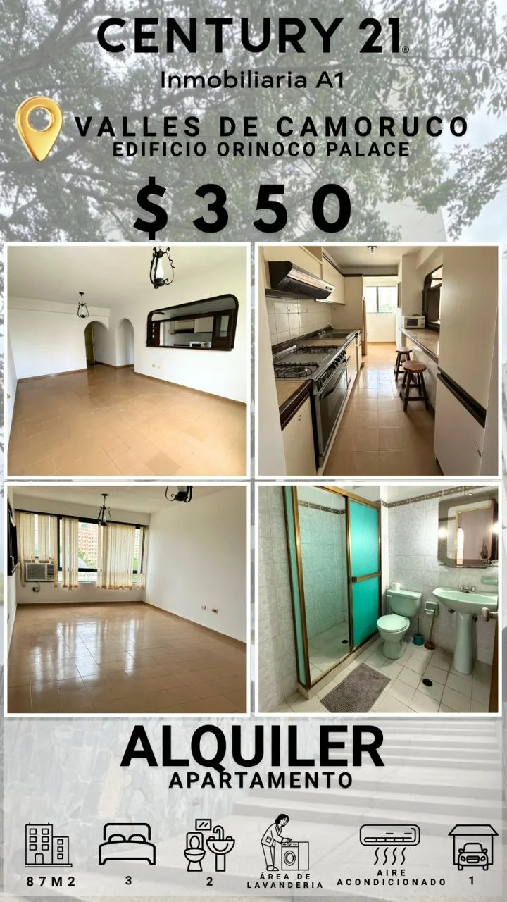 Apartamento en Alquiler en Valles De Camoruco, Frente al Centro Comercial Garibaldi, Edificio Orinoco Palace — 4 hab 87m² — USD 350