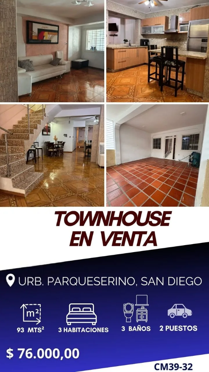 Townhouse en Venta en Urbanización Parqueserino, San Diego, Edo. Carabobo — 3 hab 93m² — USD 76,000