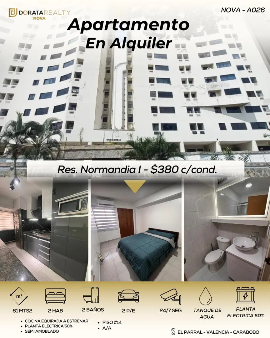 Apartamento en Alquiler en El Parral, Res. NORMANDIA I — 2 hab 81m² — USD 380