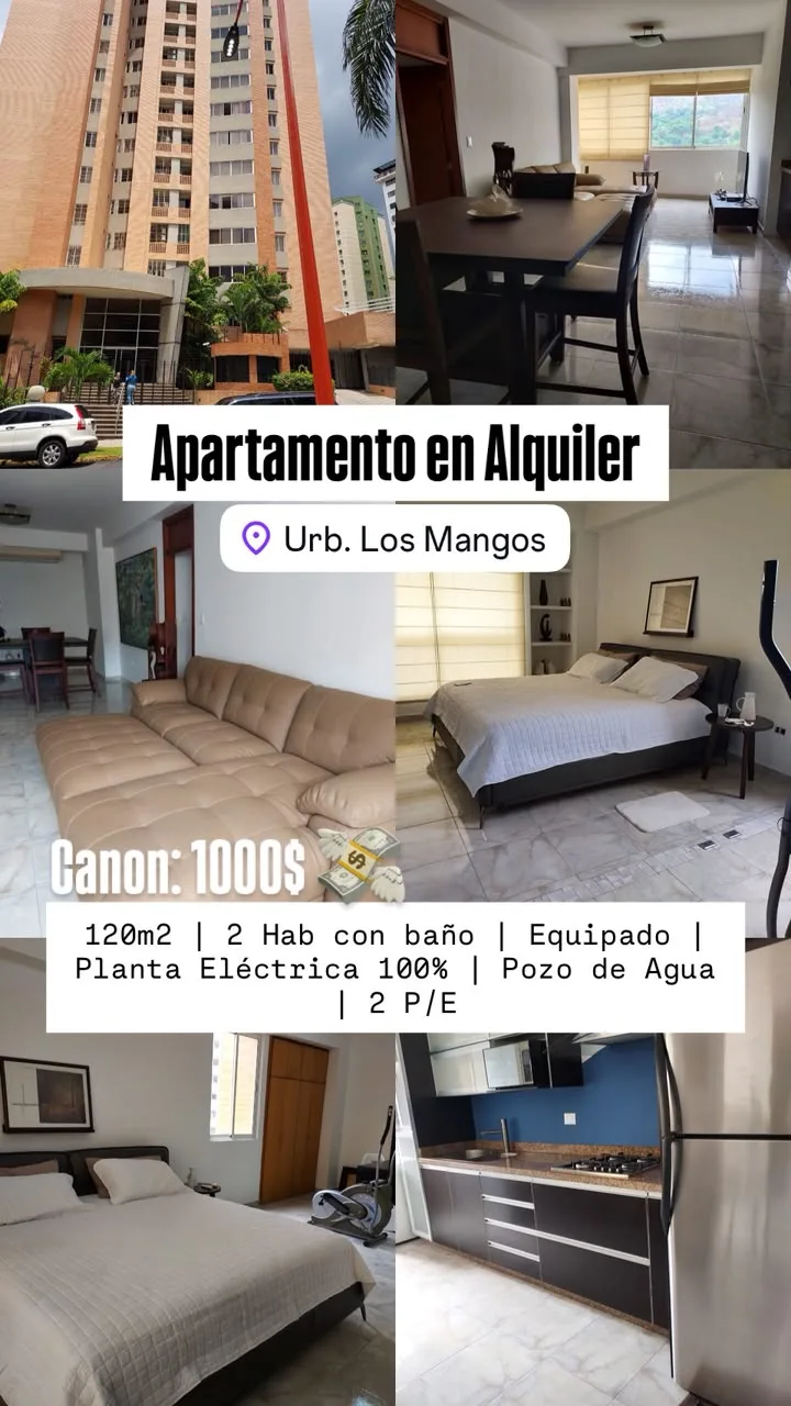 Apartamento en Alquiler en Los Mangos — 2 hab 120m² — USD 1,000