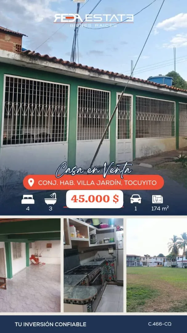 Casa en Venta en Conjunto Habitacional Villa Jardín, Tocuyito — 4 hab 174m² — USD 45,000
