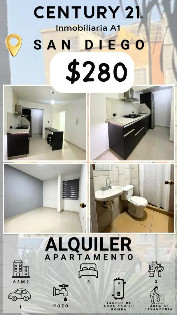 Apartamento en Alquiler en Terrazas de San Diego — 3 hab 63m² — USD 280