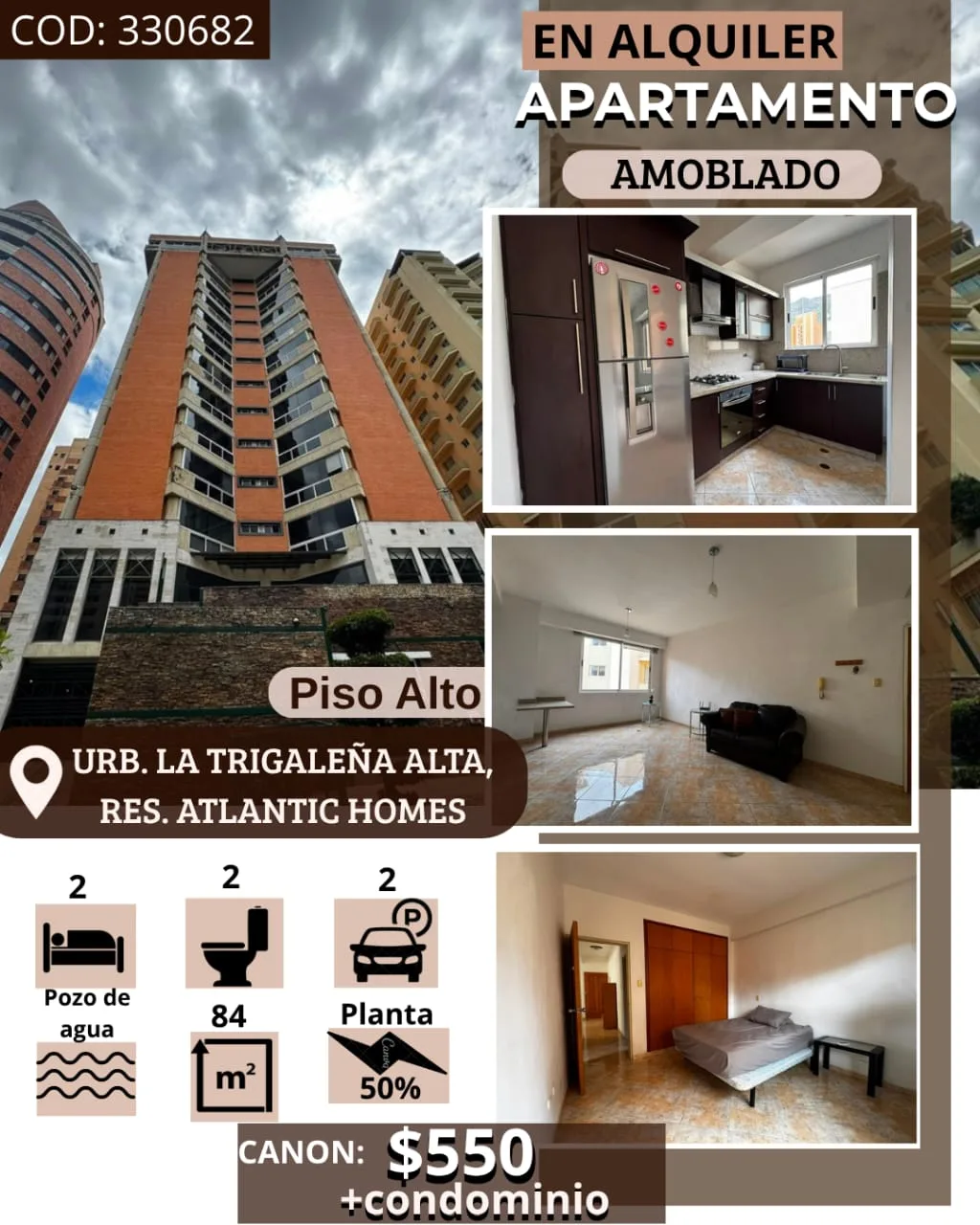 Apartamento en Alquiler en Urb. La Trigaleña Alta, Res. Atlantic Homes — 2 hab 84m² — USD 550