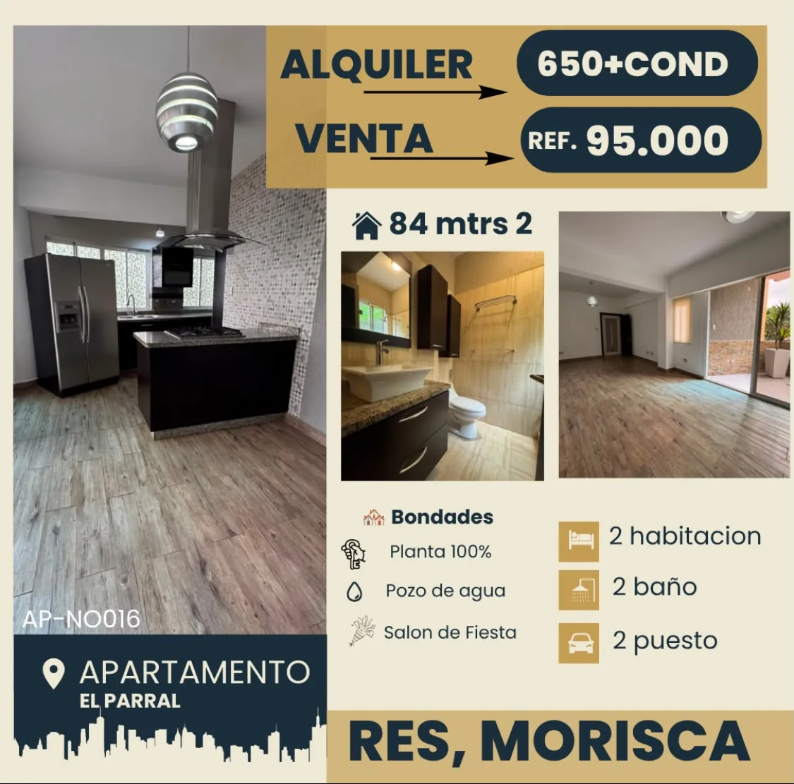 Apartamento en Venta en Res. Morisca El Parral — 2 hab 84m² — USD 95,000