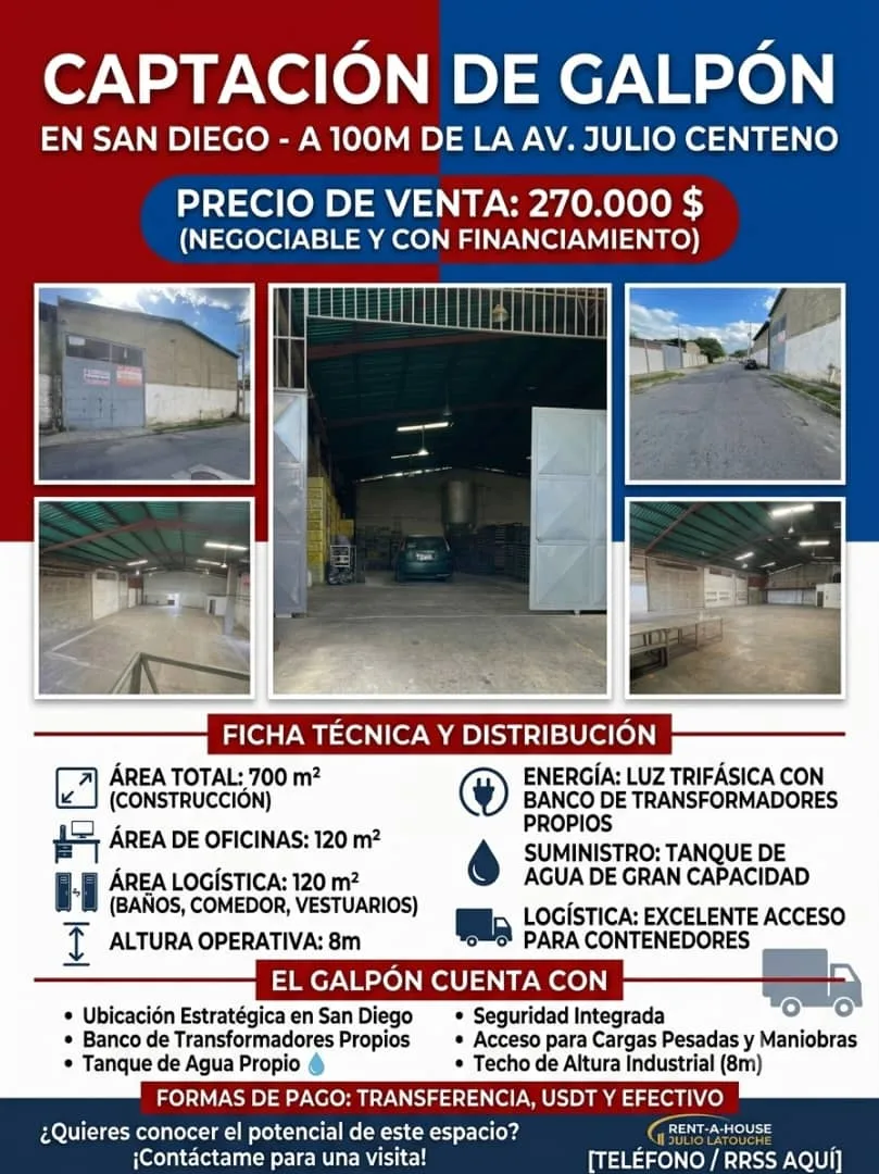 Galpón en Venta en san diego 700m² — USD 270,000