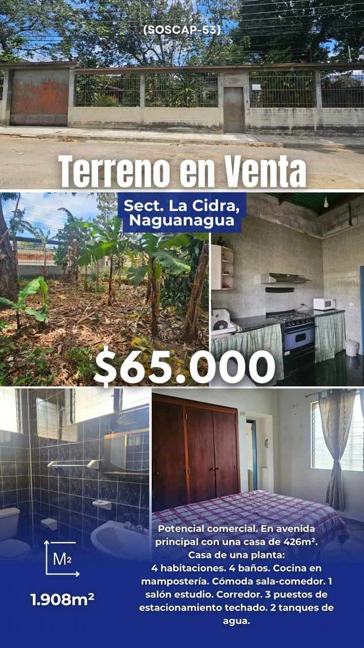 Casa en Venta en La Cidra, Naguanagua — 5 hab 426m² — USD 65,000