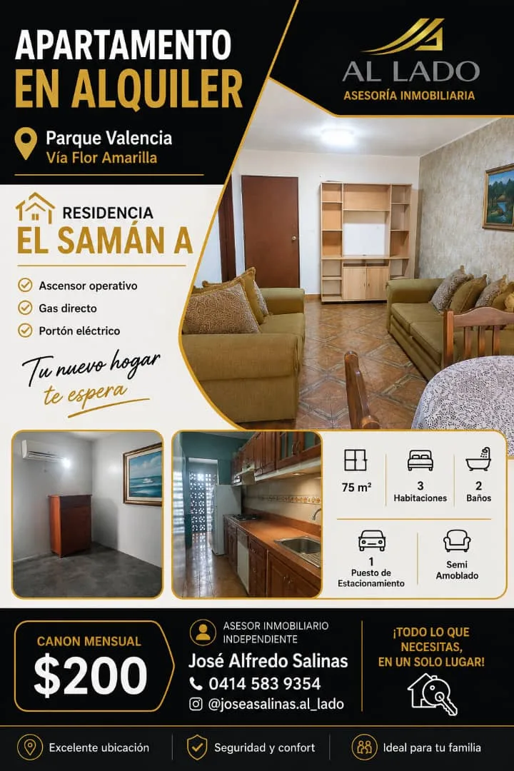 Apartamento en Alquiler en Parque Valencia, Residencias El Samán A, vía Flor Amarilla — 3 hab 75m² — USD 200