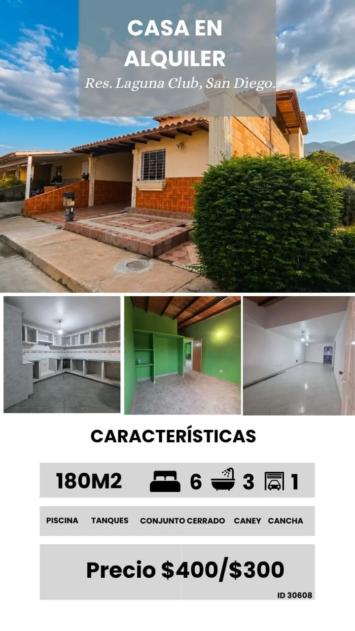 Casa en Alquiler en Res. Laguna Club, San Diego — 6 hab 180m² — USD 400