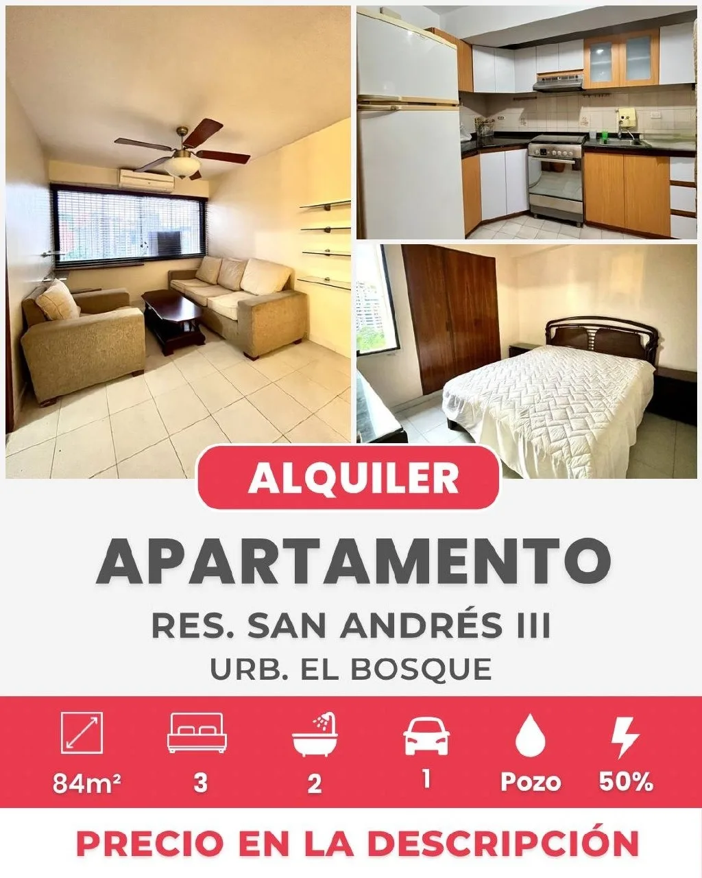 Apartamento en Alquiler en Urbanización El Bosque — 3 hab 84m² — USD 450
