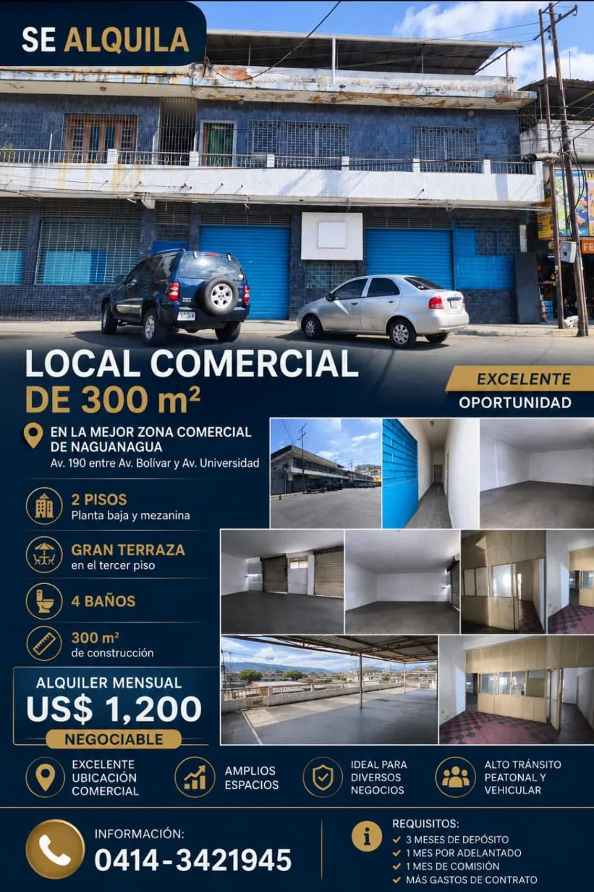 Local en Alquiler en Naguanagua, Av. 190, entre Av. Bolívar y Av. Universidad 300m² — USD 1,200