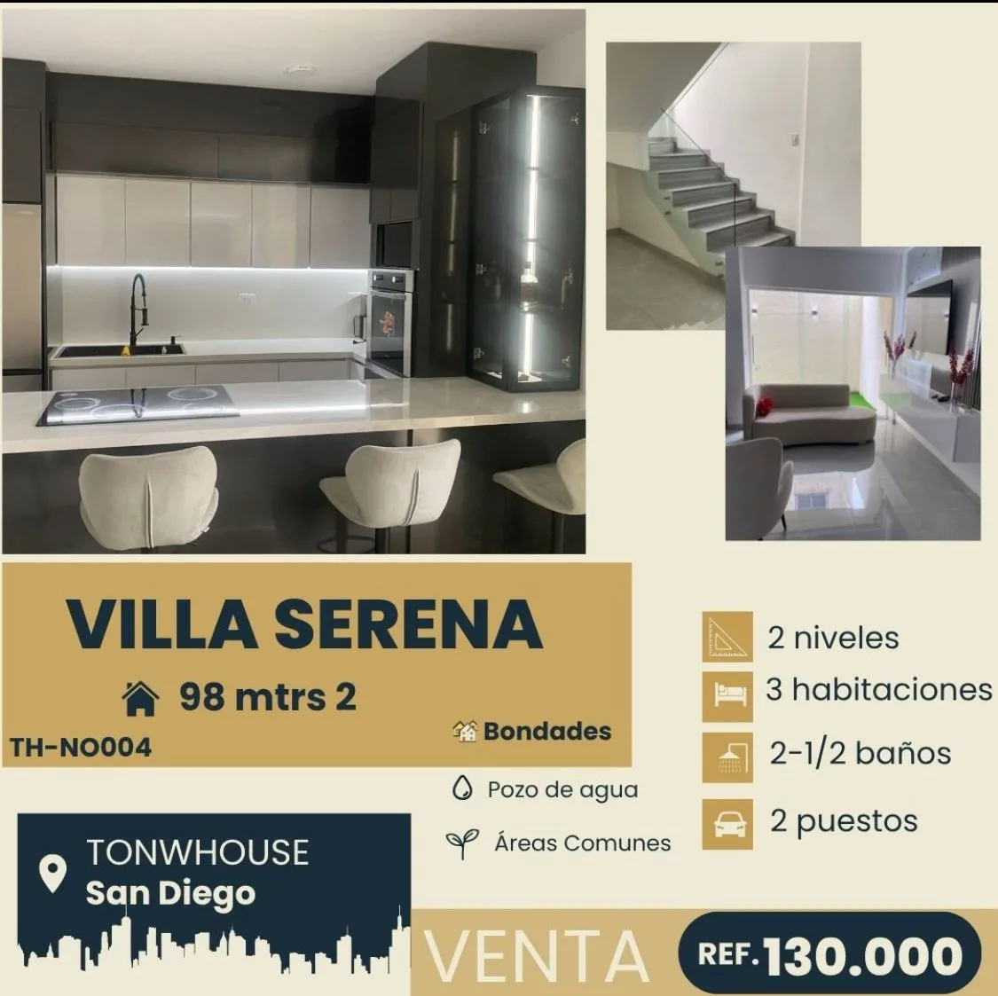 Townhouse en Venta en Pueblo de San Diego — 3 hab 98m² — USD 130,000
