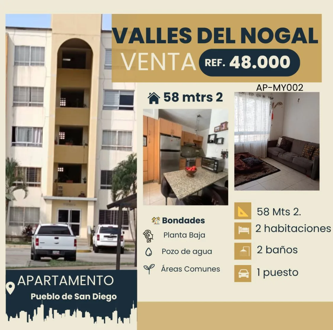 Apartamento en Venta en Valles del Nogal — 2 hab 58m² — USD 48,000