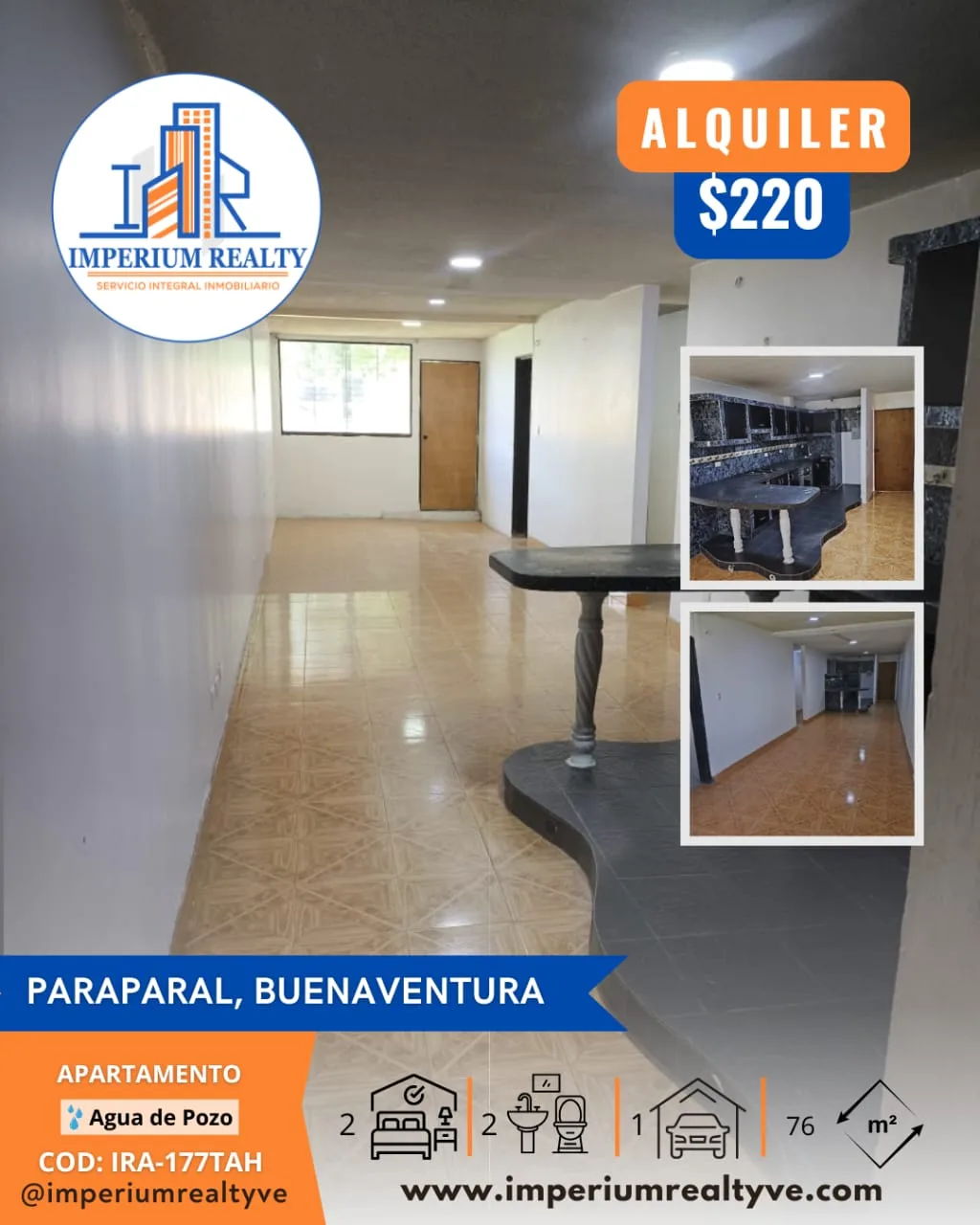 Apartamento en Alquiler en Buenaventura / Urbanización Paraparal Los Guayos. Primera Manzana — 2 hab 76m² — USD 220