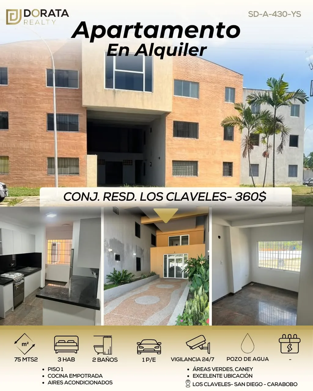 Apartamento en Alquiler en San Diego Conjunto R. Los Claveles — 3 hab 75m² — USD 360