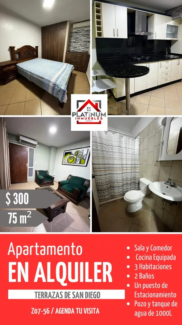 Apartamento en Alquiler en Terrazas de San Diego — 3 hab 75m² — USD 300