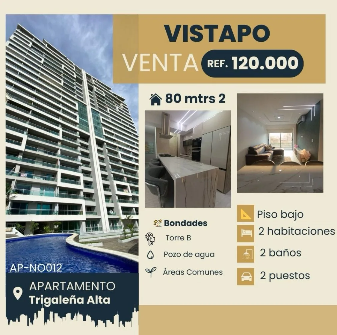 Apartamento en Venta en Vistapo Trigaleña alta — 2 hab 80m² — USD 120,000