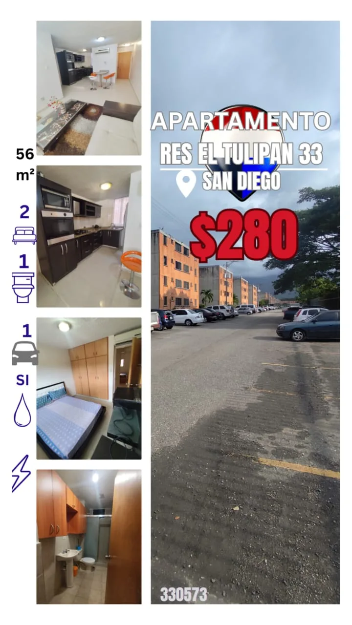 Apartamento en Alquiler en Res El Tulipán 33, San Diego — 2 hab 56m² — USD 280