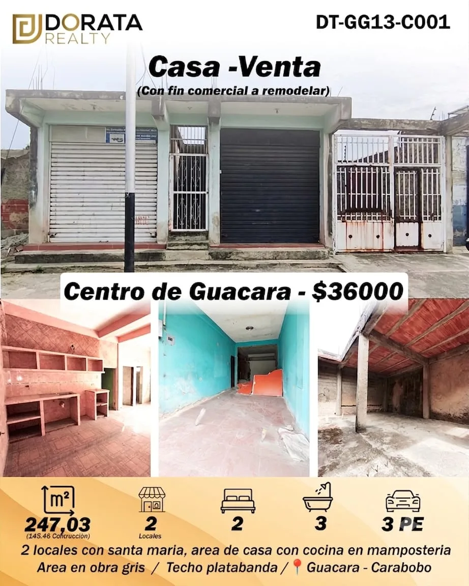 Casa en Venta en centro Guacara — 2 hab 247m² — USD 36,000