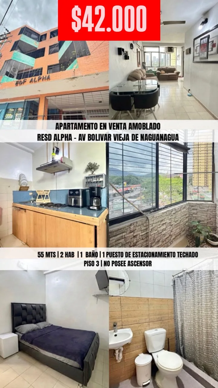 Apartamento en Venta en Res. Alpha, Av Bolivar vieja de Naguanagua — 2 hab 55m² — USD 42,000