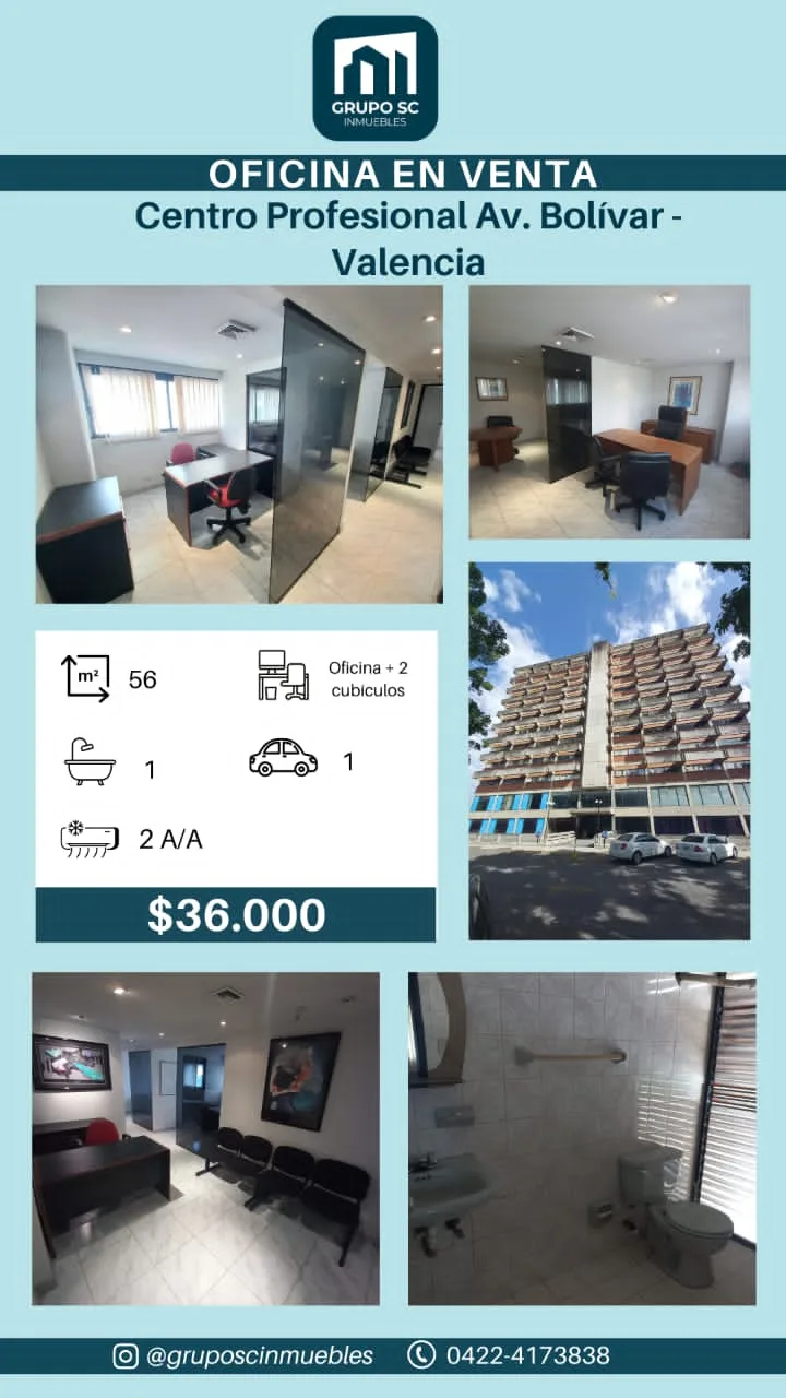Oficina en Venta en Centro Profesional Av. Bolivar, Valencia — 3 hab 56m² — USD 36,000