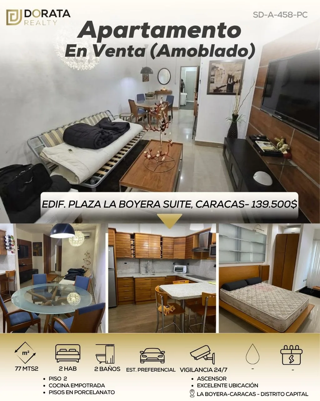 Apartamento en Venta en La Boyera, Caracas — 2 hab 77m² — USD 139,500