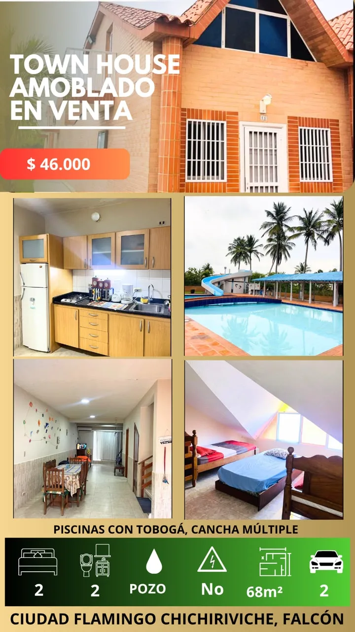 Townhouse en Venta en Ciudad Flamingo Chichiriviche, Falcón — 2 hab 68m² — USD 46,000