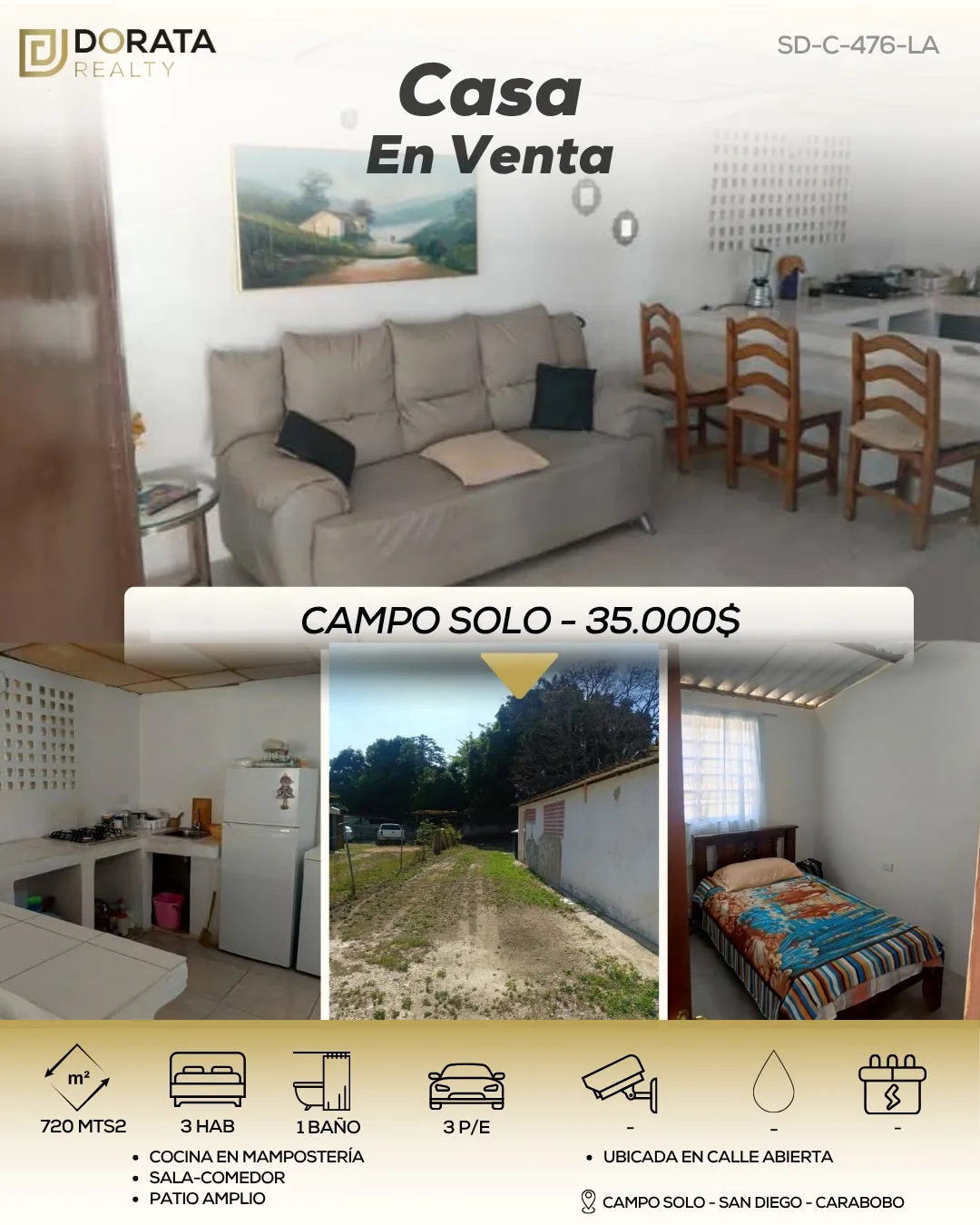 Casa en Venta en Campo Solo, San Diego — 3 hab 720m² — USD 35,000