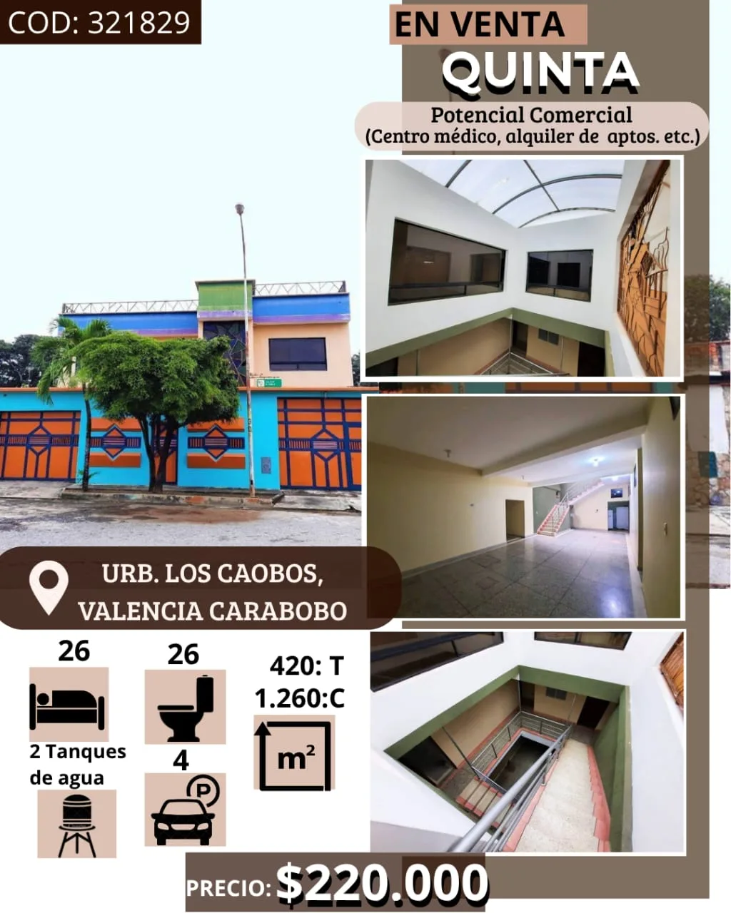 Casa en Venta en Urbanización los CAOBOS, Valencia Edo. Carabobo — 26 hab 420m² — USD 220,000