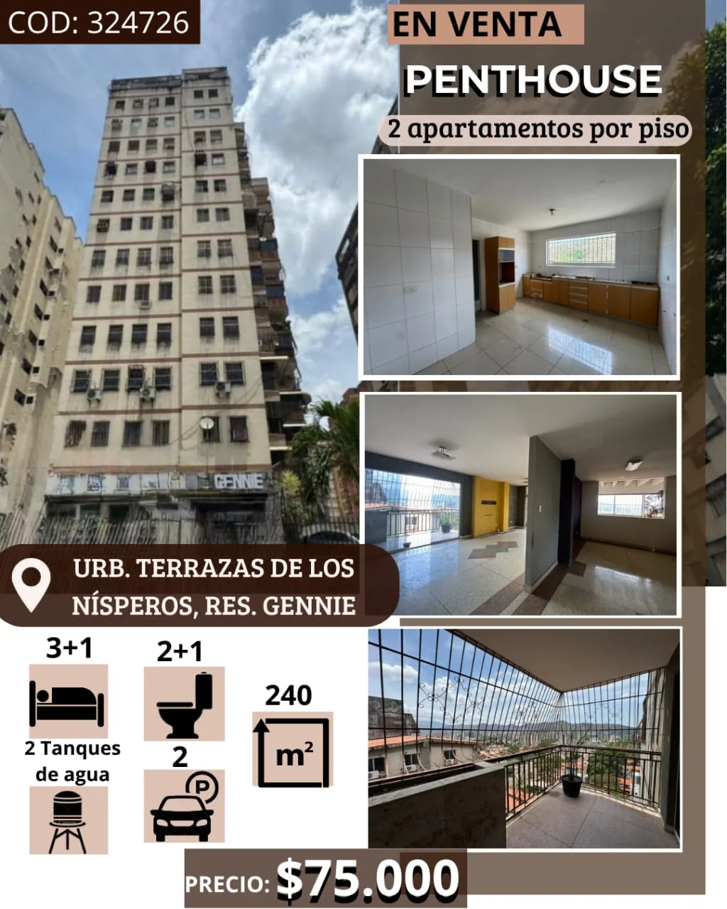 Penthouse en Venta en Terrazas de los nísperos, Res. Gennie — 4 hab 240m² — USD 75,000