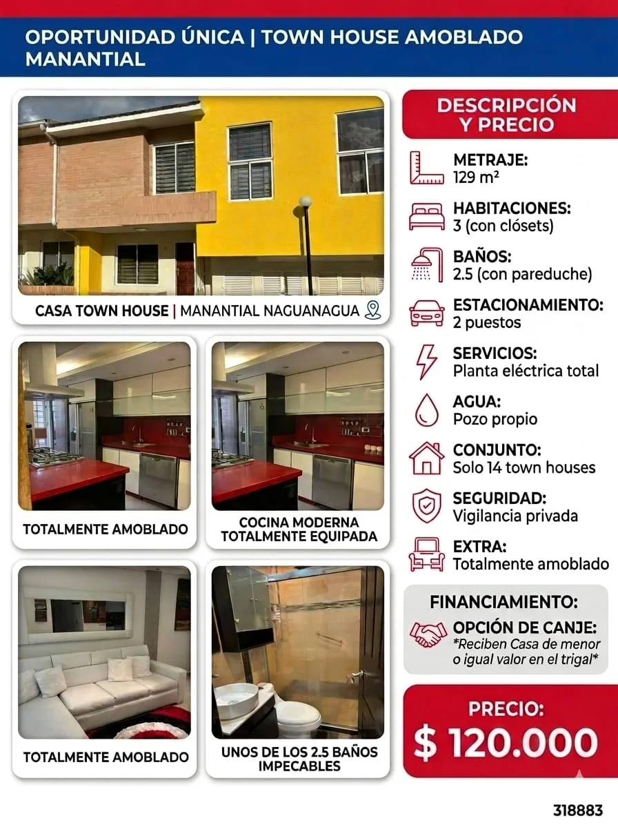 Townhouse en Venta en Manantial Naguanagua — 3 hab 129m² — USD 120,000