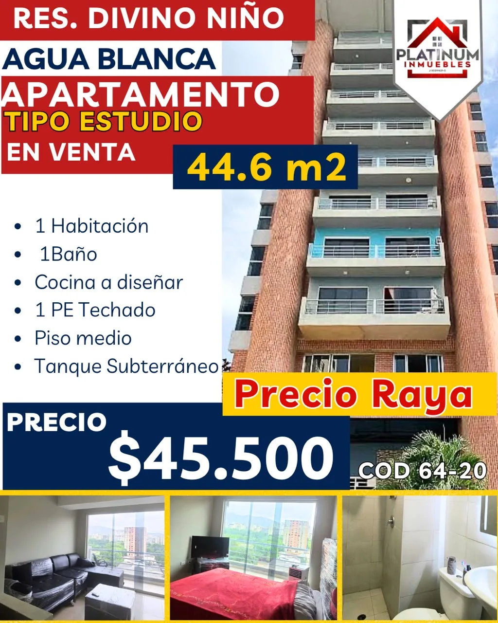 Apartamento en Venta en Agua Blanca — 1 hab 44m² — USD 45,500