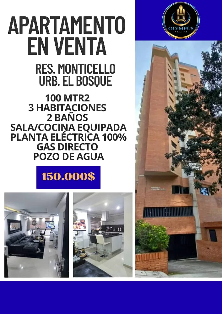 Apartamento en Venta en Res. Monticello, Urb. El Bosque — 3 hab 96m² — USD 150,000