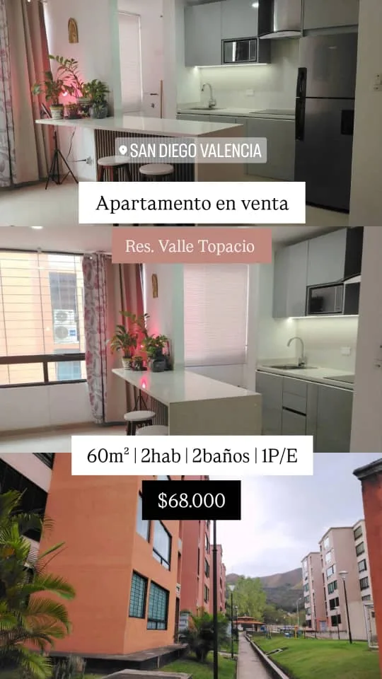Apartamento en Venta en Res. Valle Topacio, San Diego, Carabobo — 2 hab 60m² — USD 68,000