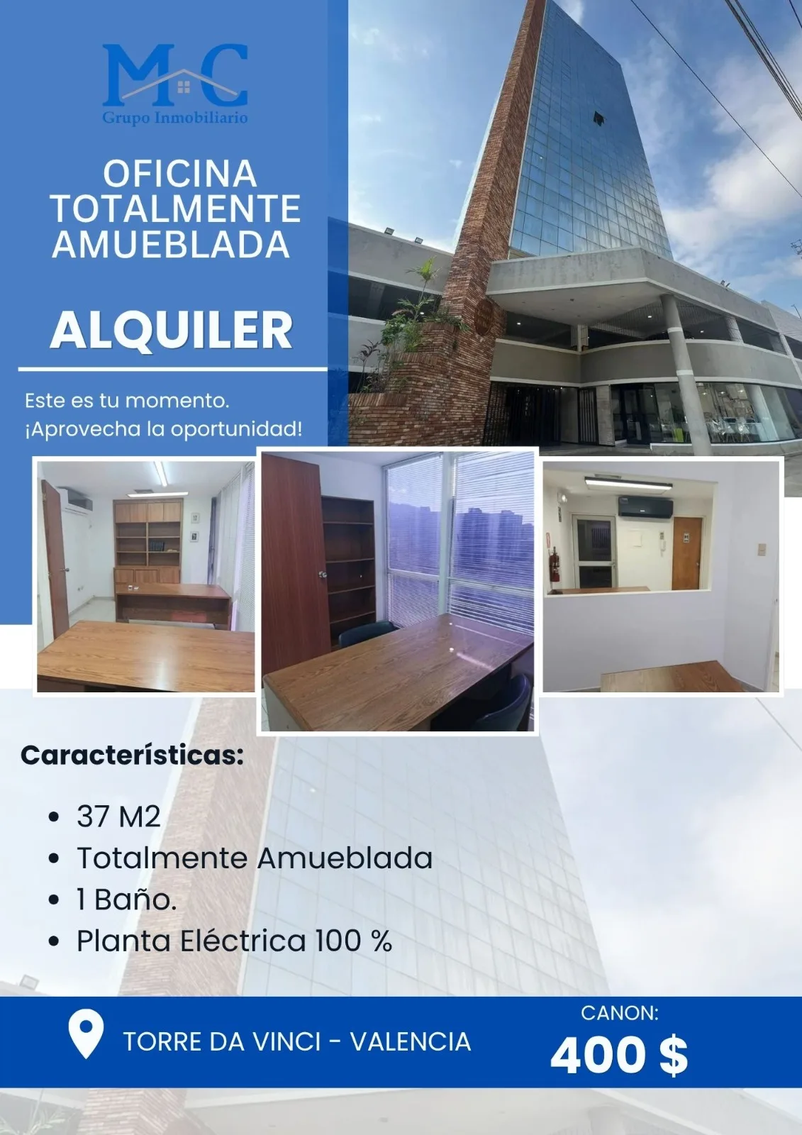 Oficina en Alquiler en Torre Da Vinci, Valencia 37m² — USD 400