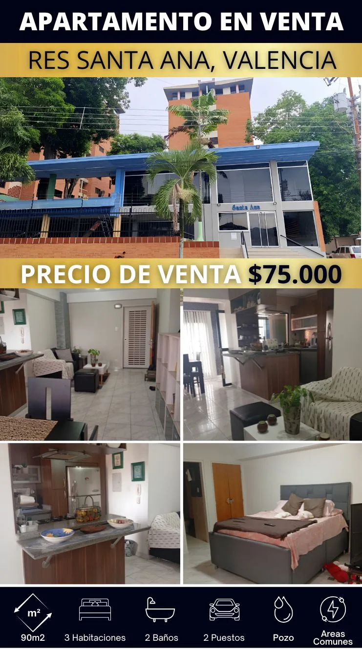 Apartamento en Venta en Urb Agua Blanca, Res Santa Ana, Valencia — 3 hab 90m² — USD 75,000
