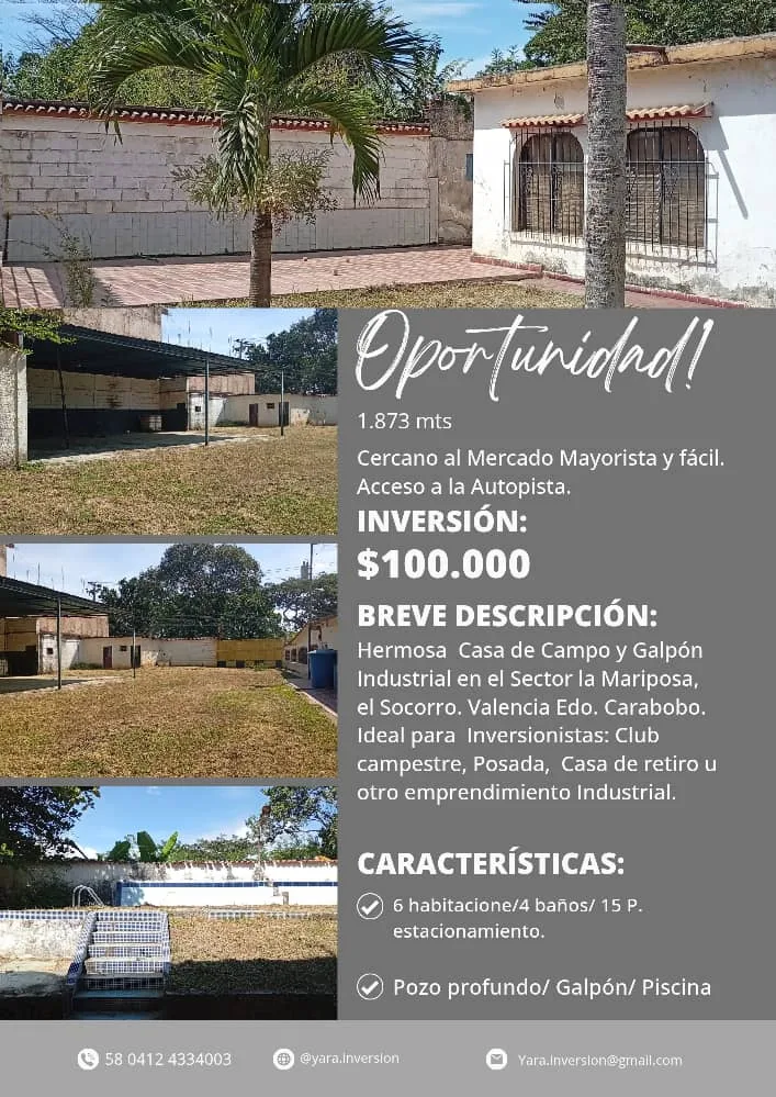 Casa en Venta en Sector la Mariposa, el Socorro, Valencia Edo. Carabobo — 8 hab 1873m² — USD 100,000