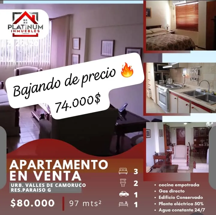 Apartamento en Venta en Urb. Valles de Camoruco, Res. Paraíso G, Valencia Edo Carabobo — 3 hab 97m² — USD 74,000