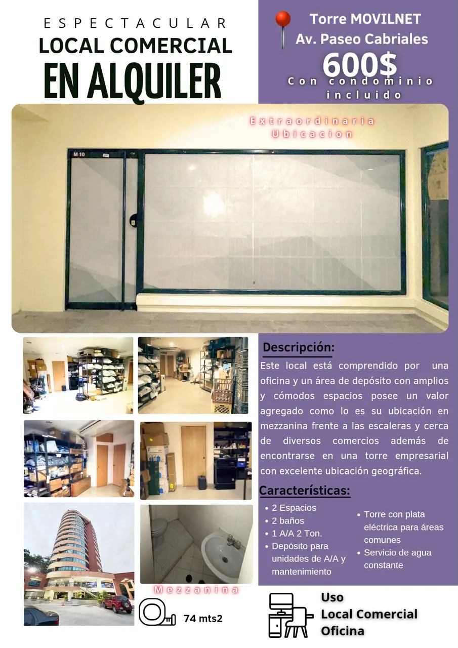 Oficina en Alquiler en TORRE MOVILNET 74m² — USD 600