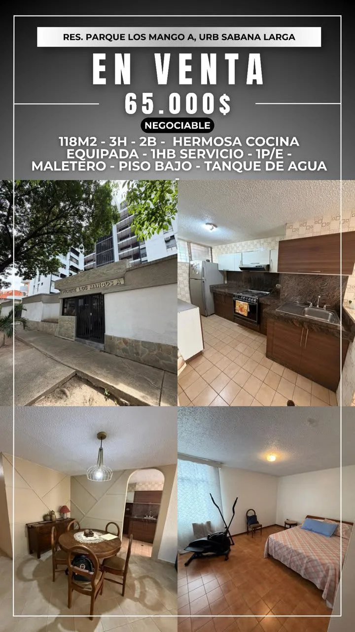 Apartamento en Venta en Urb. Sábana Larga cerca del C.C. Mediterranean Plaza, Res Parque Los Mangos — 3 hab 118m² — USD 65,000