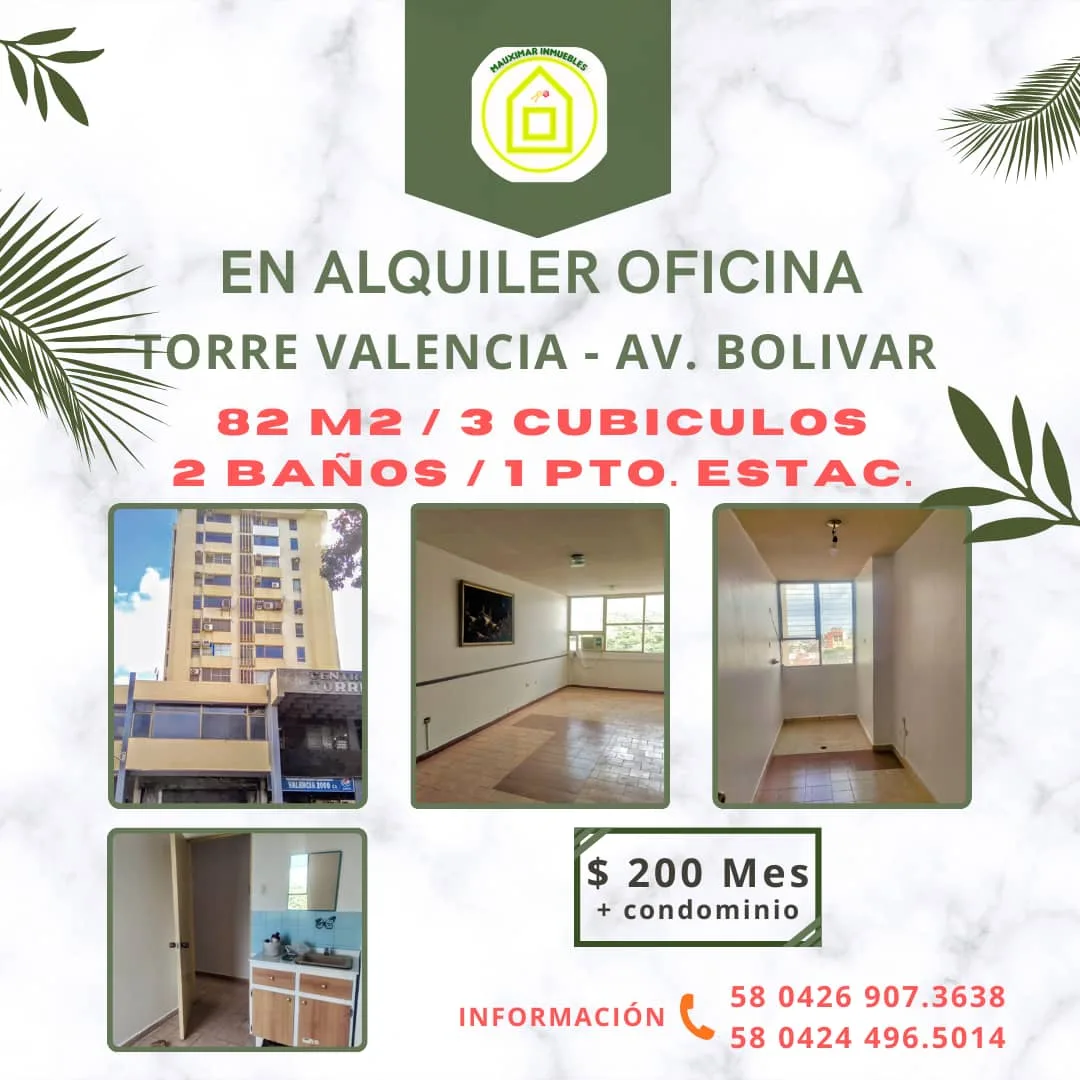 Oficina en Alquiler en Torre Valencia, Av. Bolivar 82m² — USD 200