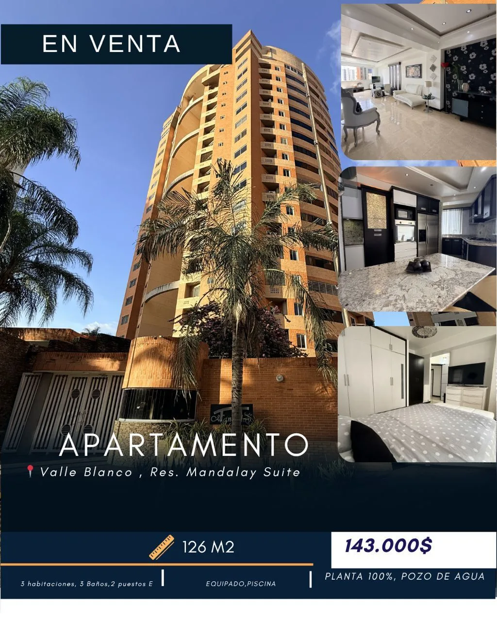 Apartamento en Venta en Conjunto Residencial Valle Blanco, Edificio Mandalay Suite — 3 hab 126m² — USD 143,000