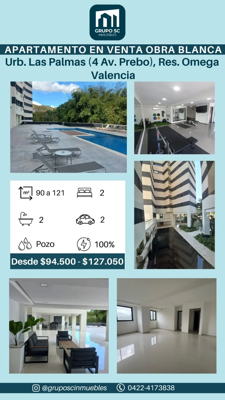 Apartamento en Venta en Urb. Las Palmas (4 Av. Prebo), Res. Omega, Valencia — 2 hab 90m² — USD 1,100