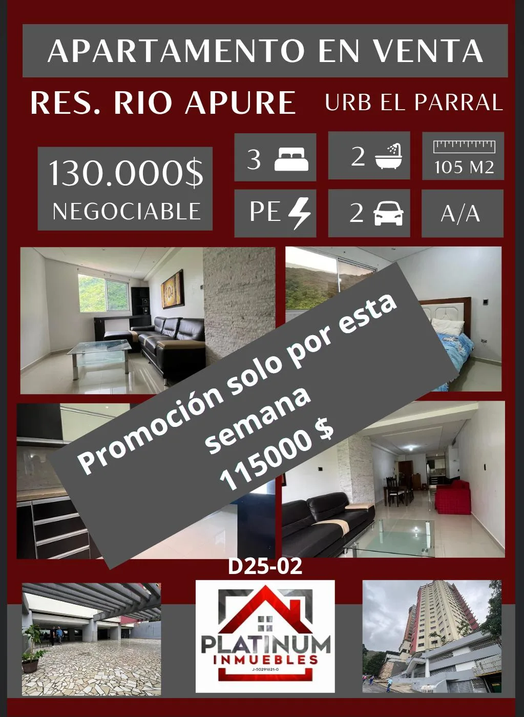 Apartamento en Venta en Res. Rio Apure, Urb El Parral — 3 hab 105m² — USD 115,000