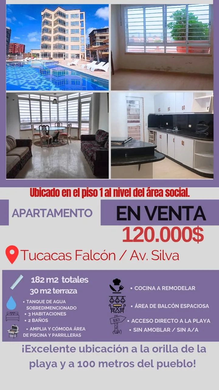 Apartamento en Venta en Residencias La Caracola, Tucacas Falcón / Av. Silva — 3 hab 182m² — USD 120,000
