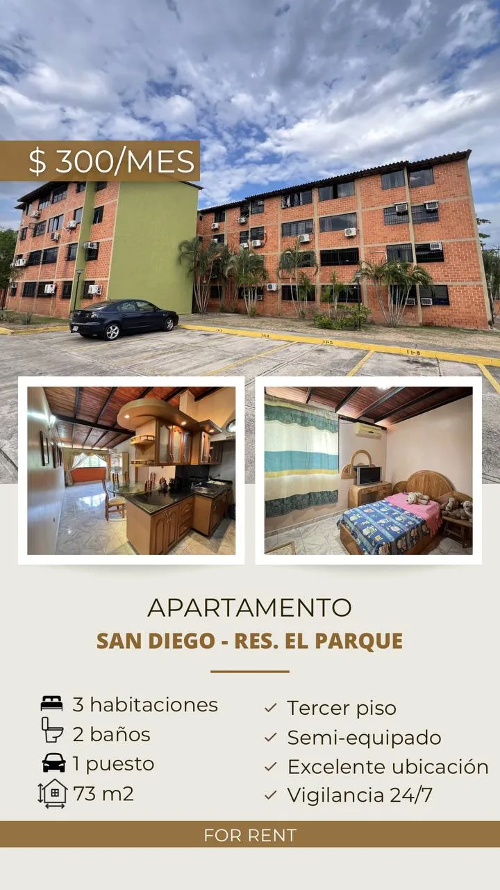 Apartamento en Alquiler en Conjunto Residencial El parque, San Diego — 3 hab 73m² — USD 300