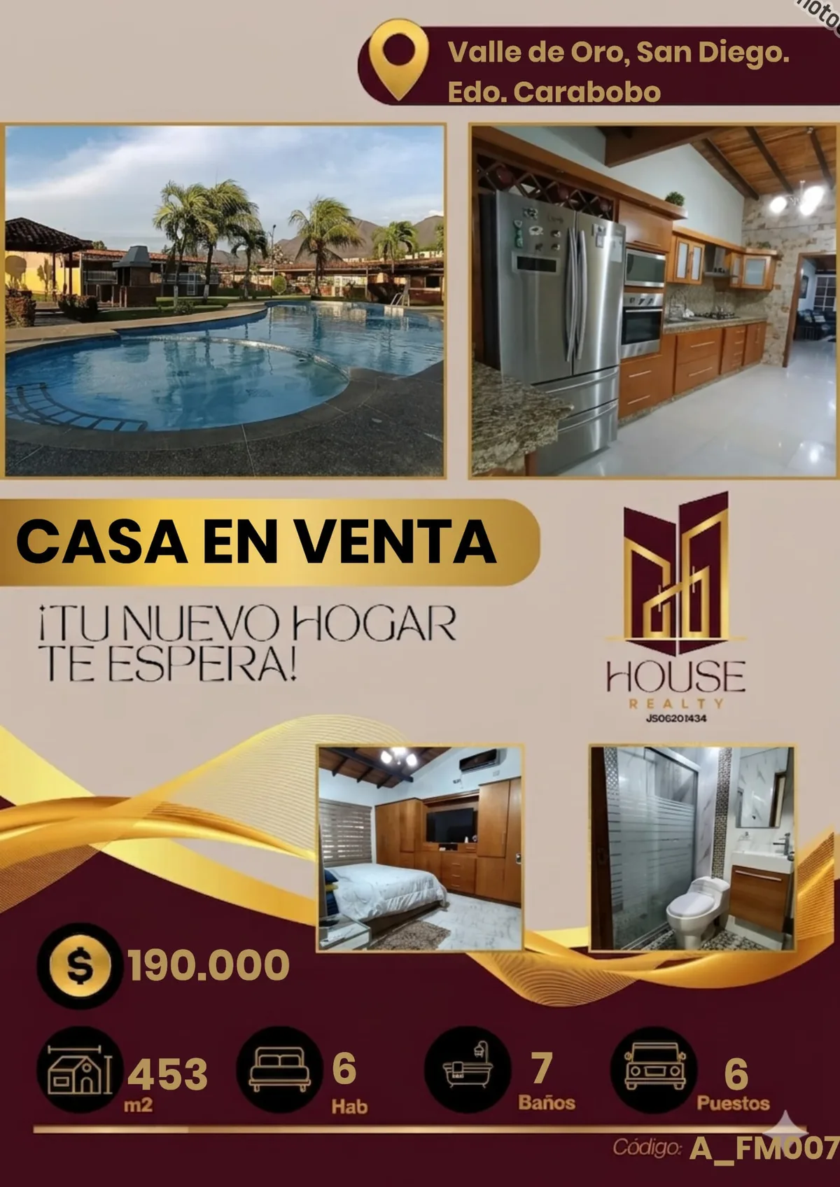 Casa en Venta en Valle de Oro, San Diego — 6 hab 453m² — USD 190