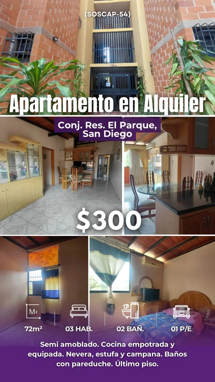 Apartamento en Alquiler en Conjunto Residencial El Parque — 3 hab 72m² — USD 300