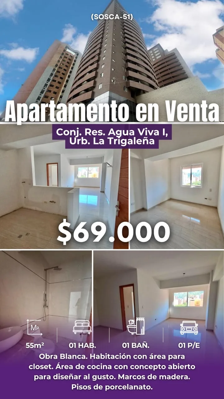 Apartamento en Venta en LA TRIGALEÑA BAJA VALENCIA CARABOBO — 1 hab 55m² — USD 69,000
